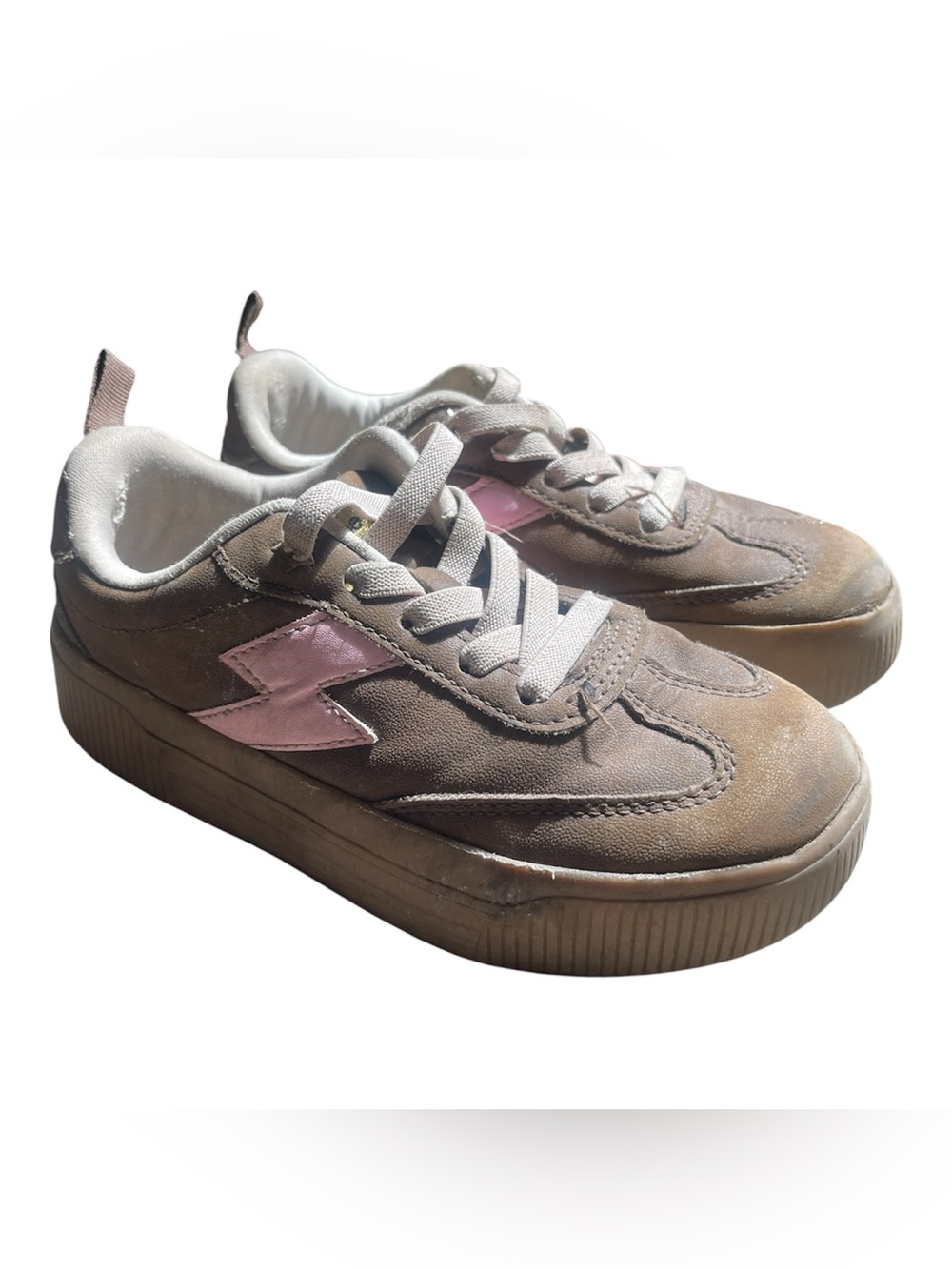Kids Neutral Brown Suede Sneakers with Pink Accents